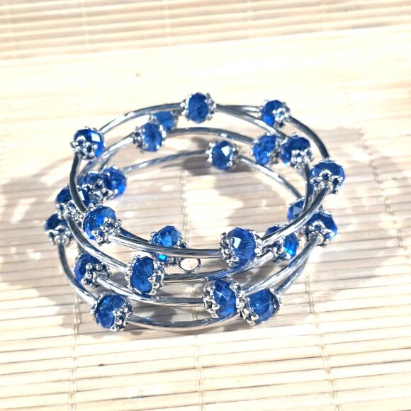 Handcrafted Crystal Wrap Bracelet With Blue Faceted Beads - Picture 2 of 7